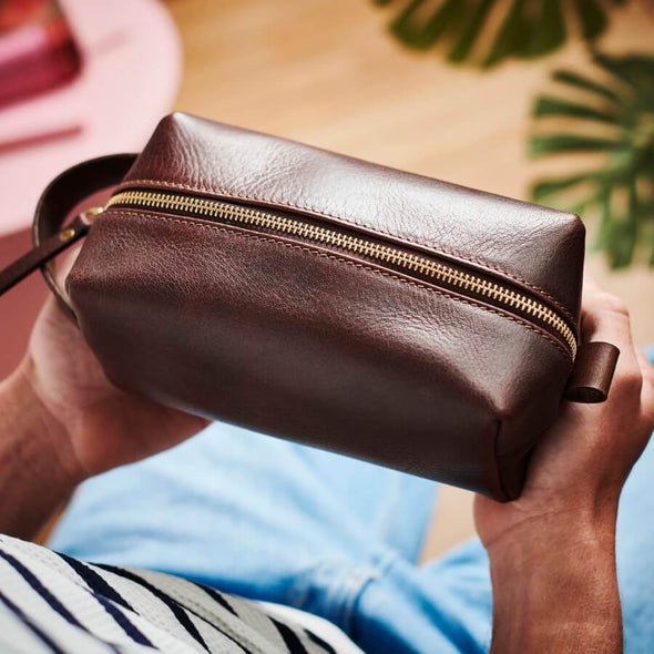 Personalised Travel Leather Wash Bag with Tropical Lining