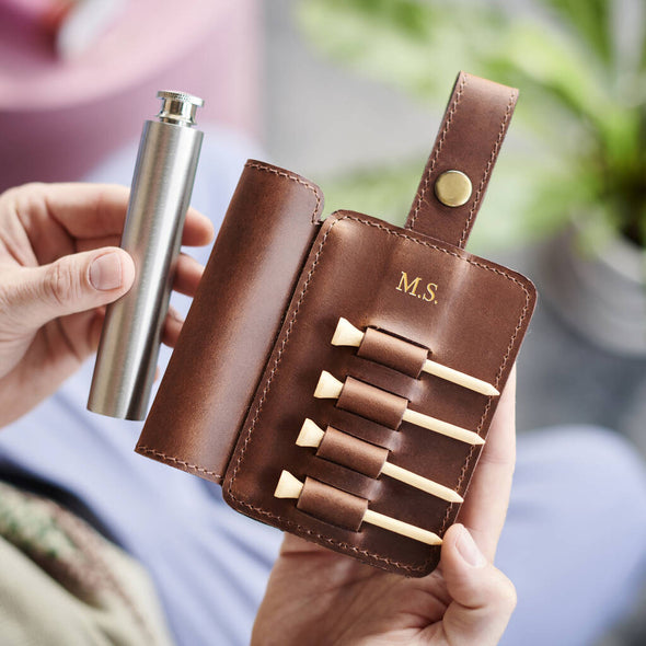 Leather Golf Tee Holder and Stainless Steel Hip Flask