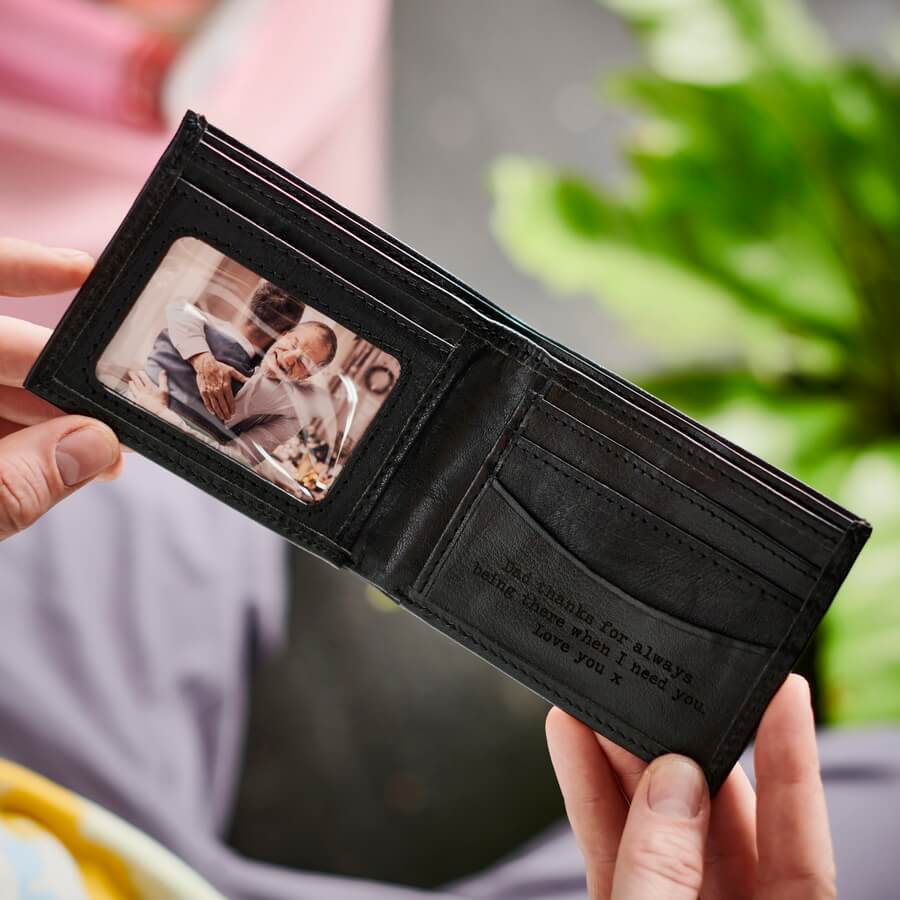 Personalised Leather Wallet with Metal Photo Card Black
